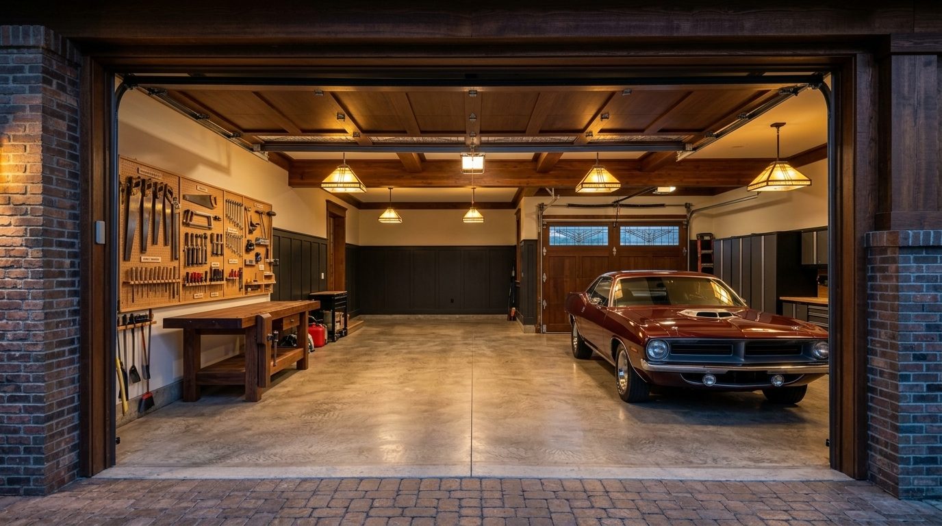 Giles Garage Door Services Interior View of Custom Garage Door Overhead and Workshop